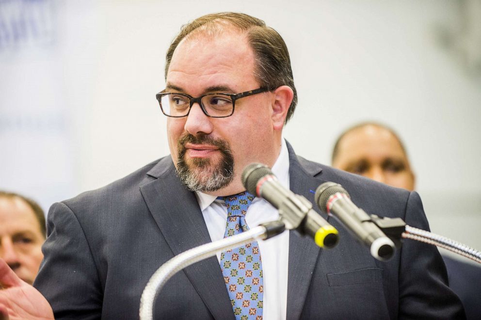 PHOTO: Michigan Senate Minority Leader Jim Ananich speaks during the signing of a bill for the Flint Promise Zone, Monday, Nov. 6, 2017, at Kettering University in Flint, Mich.