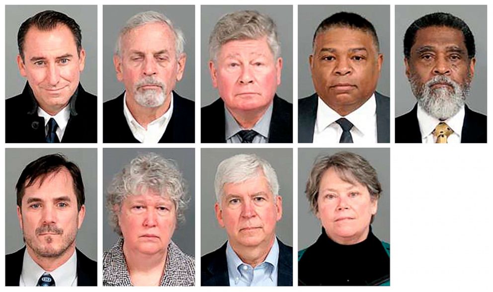 PHOTO: This combo of images provided by the Genesee County, Mich., Sheriff's Office, shows the nine former state-appointed and local officials charged Jan. 14, 2021, in connection with the Flint, Mich., water crisis.