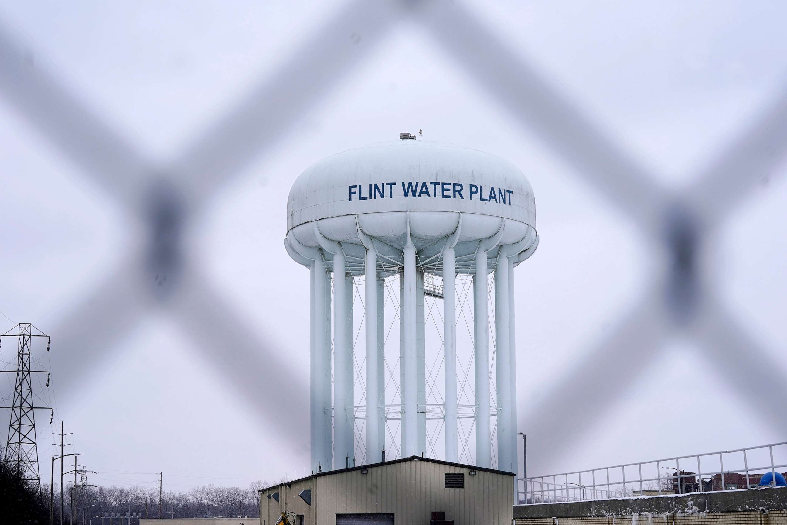 PHOTO: The Flint water plant tower is pictured on Jan. 6, 2022, in Flint, Mich.