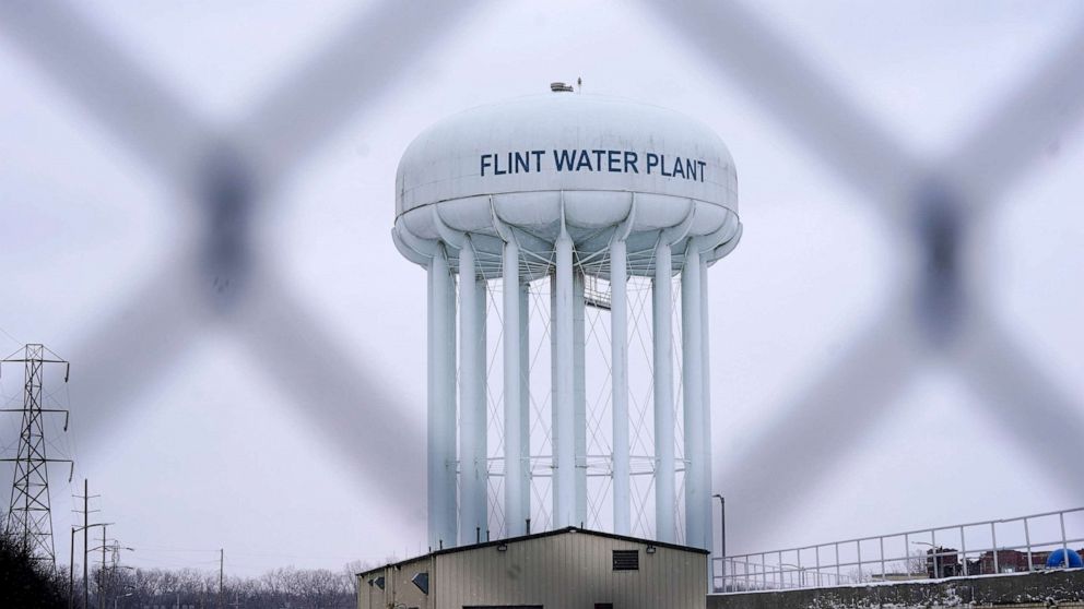 PHOTO: The Flint water plant tower is pictured on Jan. 6, 2022, in Flint, Mich.