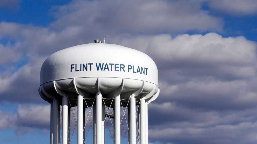 PHOTO: The Flint Water Plant water tower is seen in Flint, Mich., March 21, 2016. 