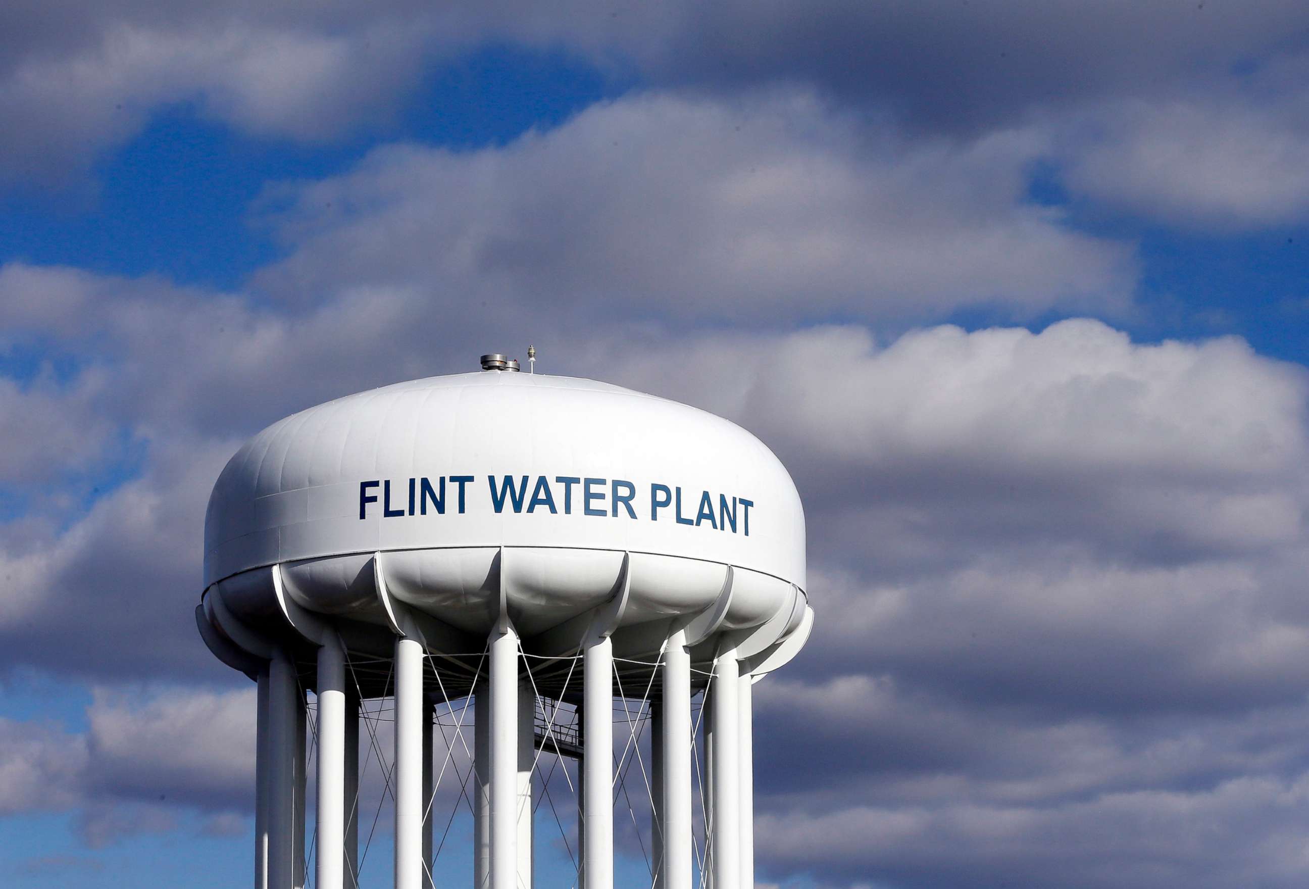 PHOTO: In this March 21, 2016, file photo, the Flint Water Plant water tower is seen in Flint, Mich.