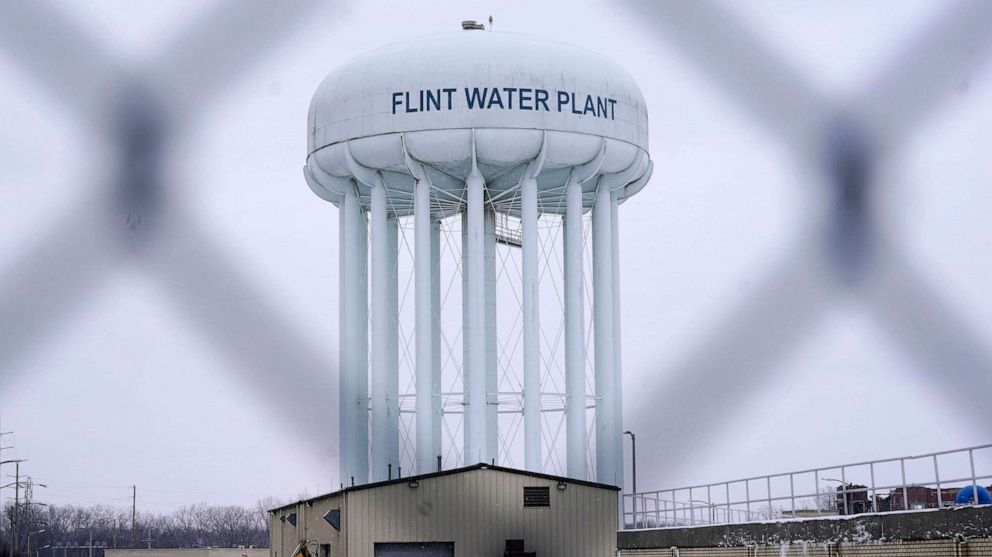 PHOTO: In this Ja. 6, 2022, file photo, the Flint water plant tower is shown in Flint, Mich.