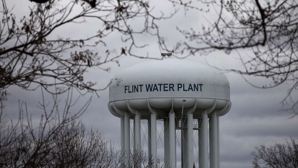 PHOTO: The Flint Water Plant tower stands in Flint, Michigan, April 13, 2020.