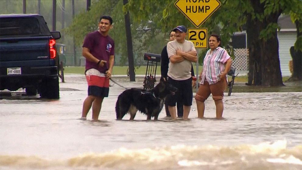 PHOTO: Residents and their dogs navigate floodwaters after heavy flooding in the Dallas metro area submerged roads and entire neighborhoods, in Seagoville, Texas, Aug.22, 2022, in this still image taken from video.