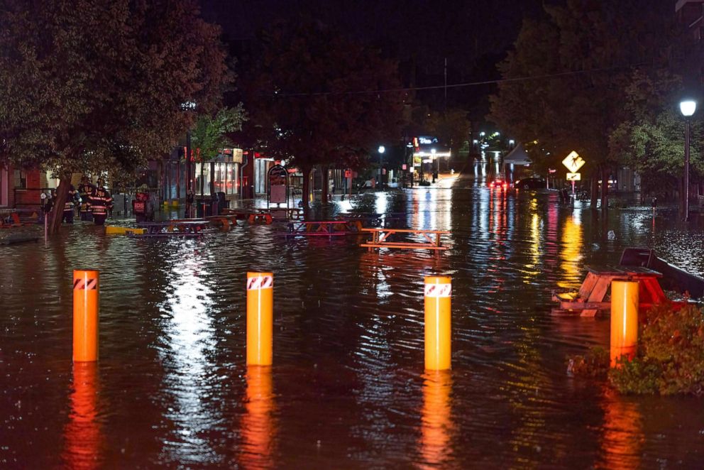 PHOTO: The Kirkwood neighborhood is covered in water after a flash flood left a large portion of downtown flooded in Bloomington, Ind. 