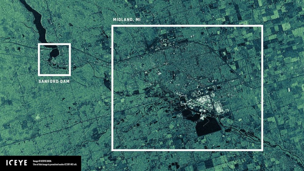 PHOTO: Flooding and impact on nearby areas after dam breeches which prompted the evacuation of residents is seen in a SAR satellite image taken at 5:25 AM local time by New Space small-sat ICEYE over Midland County, Mich., May 20, 2020.