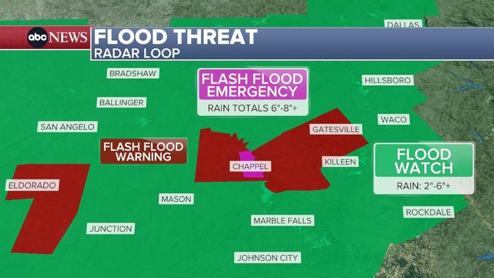 PHOTO: An ABC News graphic shows the flood threat and flash flood emergency in central Texas on Sunday, July 13, 2025. 