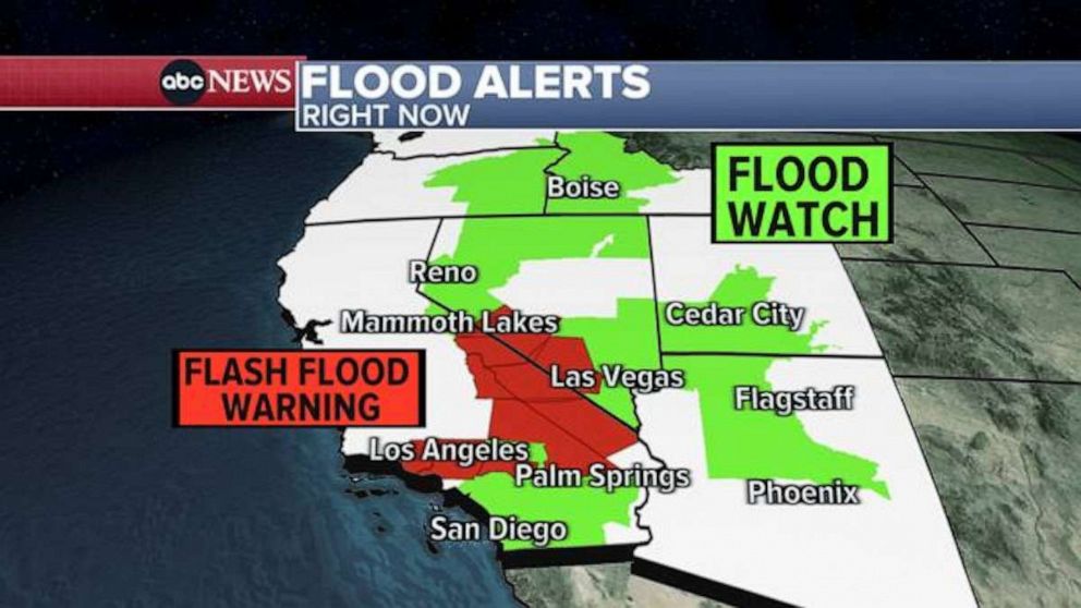 PHOTO: A graphic from ABC News show flash flood warnings in effect in parts of Southern California and Nevada on Monday, Aug. 21, 2023.