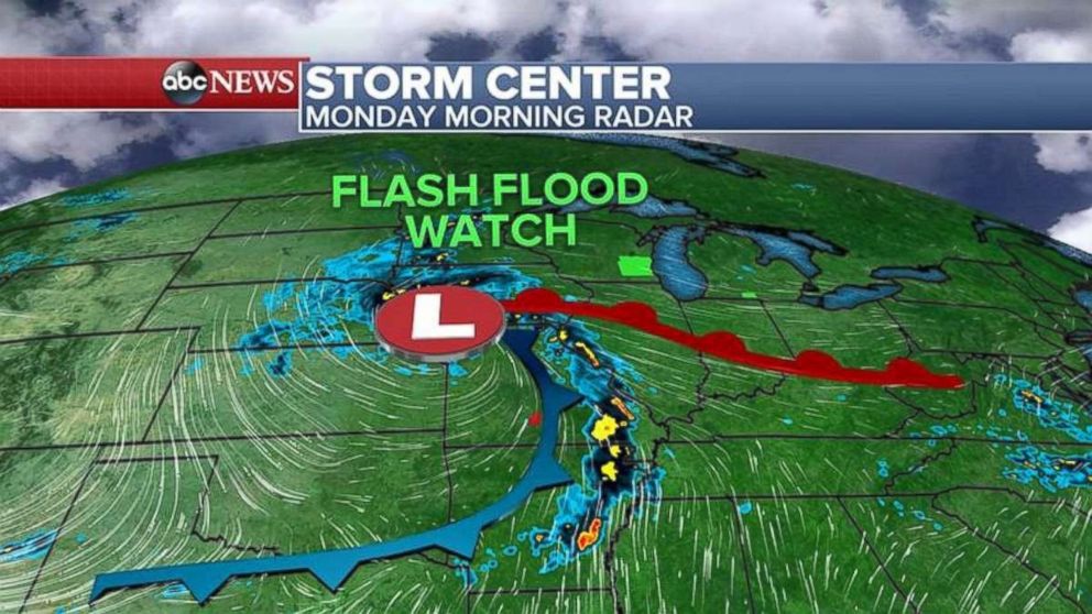 The storm system stretches from Wisconsin all the way down to the Gulf Coast on Monday.