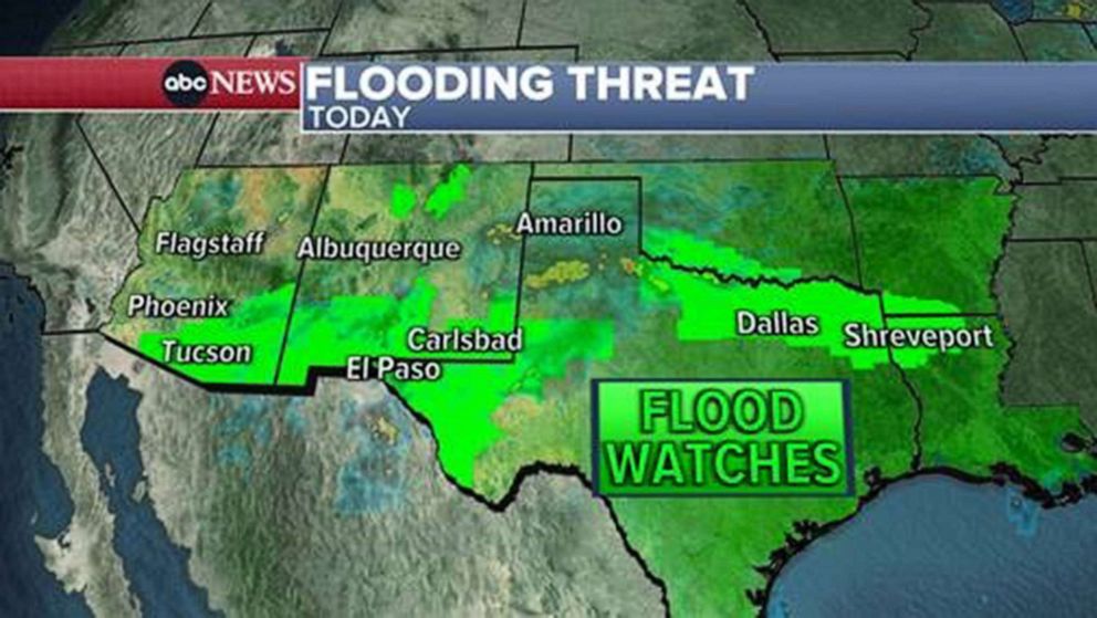 PHOTO: An ABC News graphic show regions where flood watches due to monsoon rain are enacted.