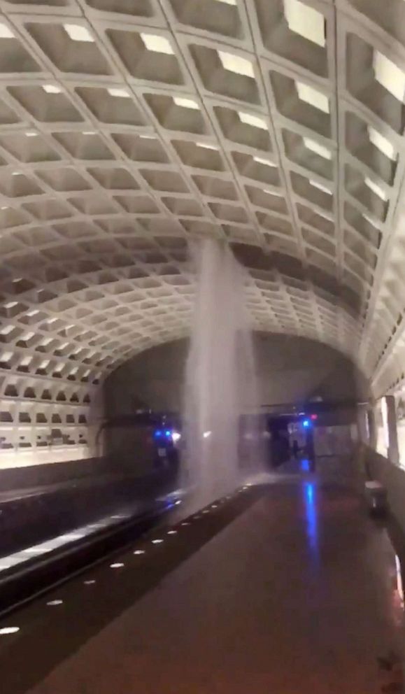 PHOTO: Water is flooding into the Virginia Square metro station in Arlington, Va., on July 8, 2019, in this video grab obtained from a social media video.