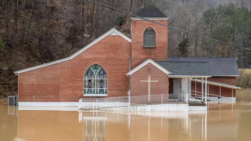 PHOTO: Flood waters surround Rockhouse Freewill Baptist Church in Johnson County, Ky.,  March 1, 2021.