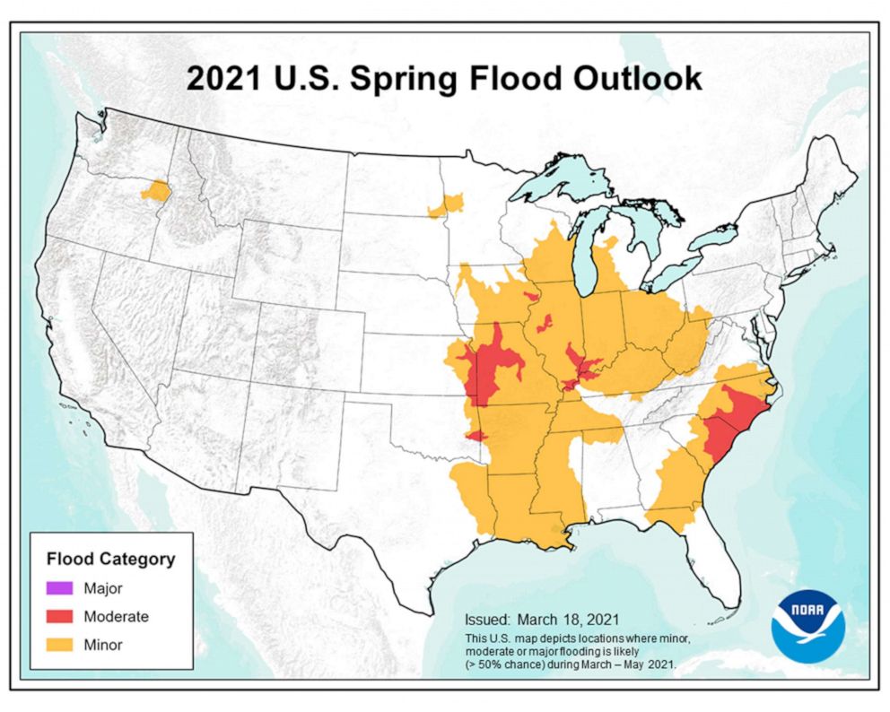 PHOTO: Areas where there a greater than 50% chance of moderate to minor flooding now though May are depicted on a map released by the National Oceanic and Atmospheric Administration.