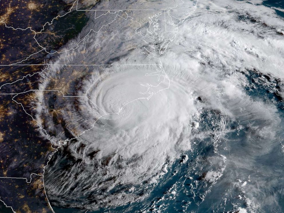 PHOTO: This NOAA/RAMMB satellite image taken Sept. 14, 2018 at 8:00 am EST shows Hurricane Florence making landfall on US east coast.