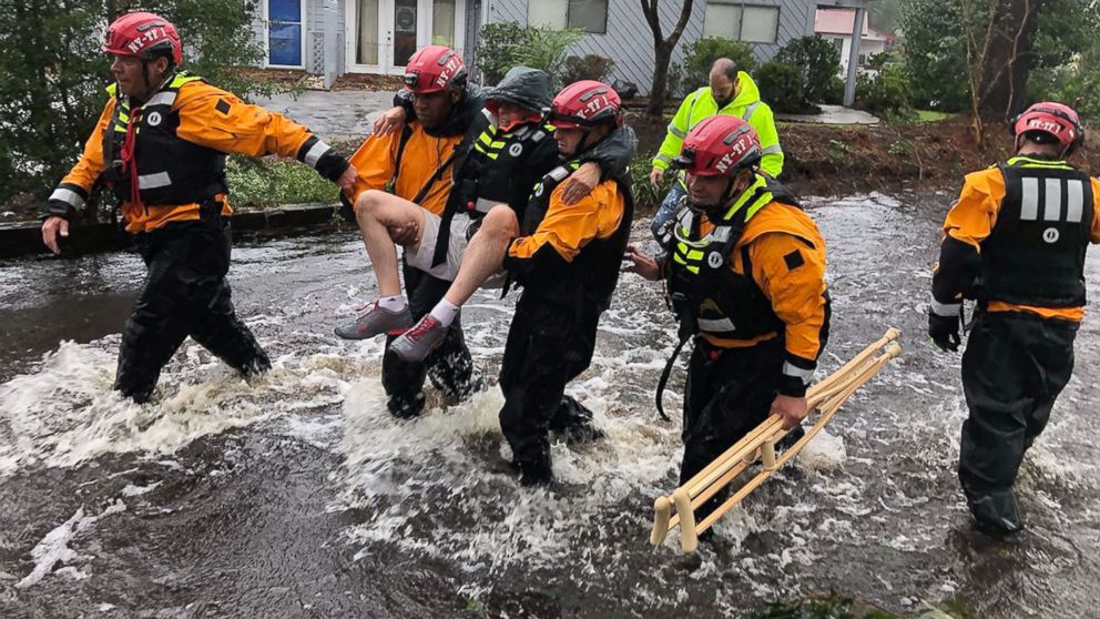 PHOTO: Search and Rescue workers from New York rescue a man from flooding caused by Hurricane Florence in River Bend, N.C., Sept. 14, 2018.
