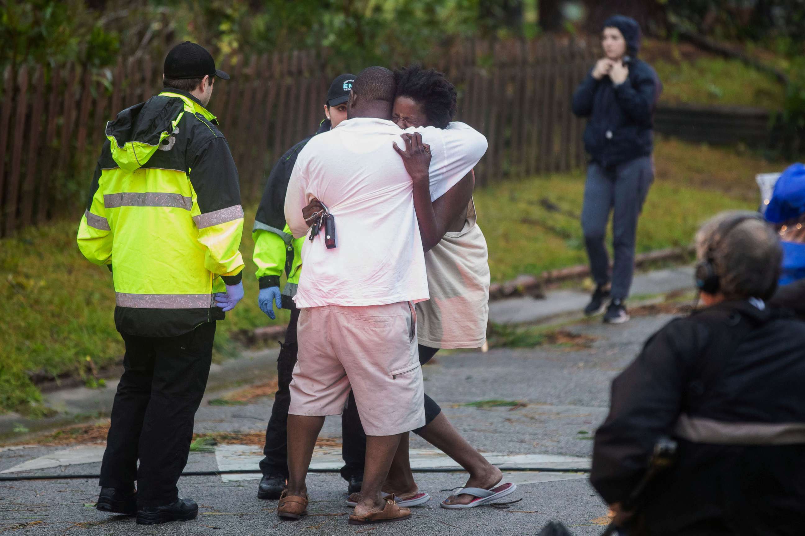 PHOTO: A woman reacts upon learning a giant tree fell on her family members' house when Hurricane Florence came ashore in Wilmington, N.C., Sept. 14, 2018.