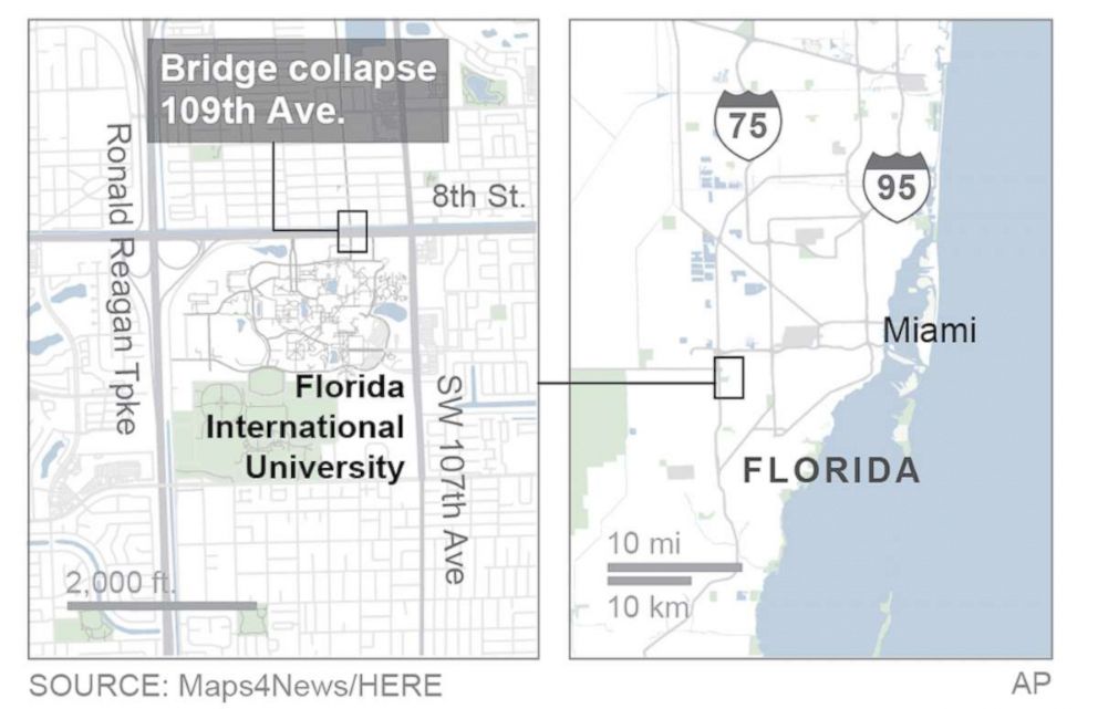 PHOTO: A map from the Associated Press shows the location of a pedestrian bridge collapse at Florida International University on March 15, 2018.