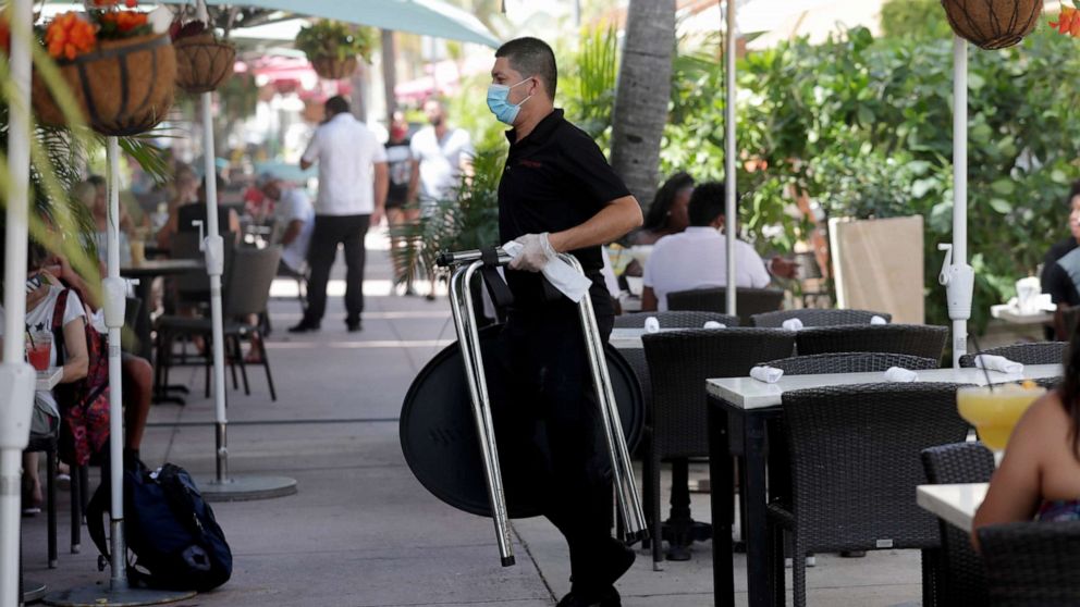 PHOTO: A waiter wears a protective face mask and gloves while working at the Il Bolognese restaurant along Ocean Drive during the coronavirus pandemic, July 12, 2020, in Miami Beach, Fla.