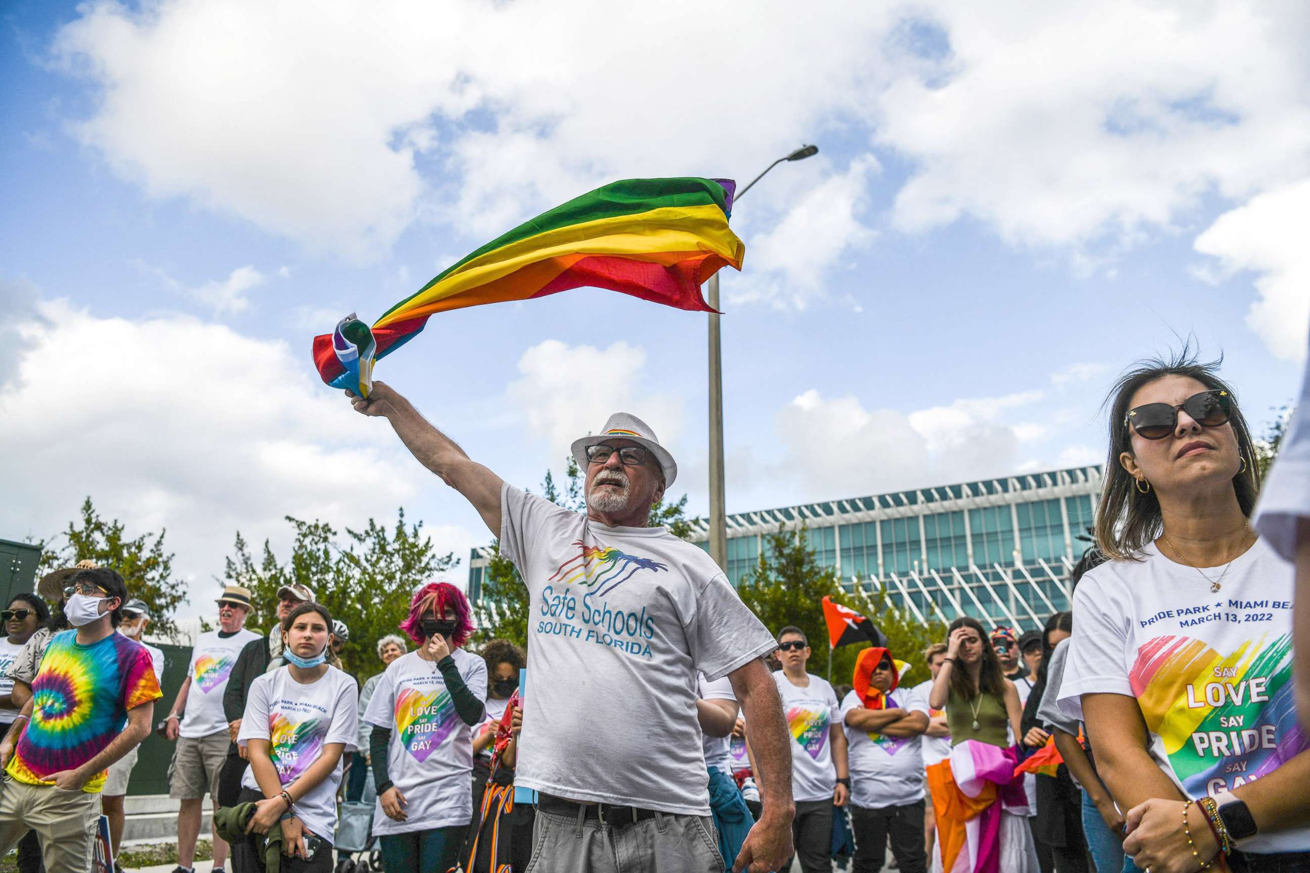 PHOTO: Members and supporters of the LGBTQ community attend the "Say Gay Anyway" rally in Miami, March 13, 2022. Florida's state senate passed a controversial bill on March 8 banning lessons on sexual orientation and gender identity in elementary schools.