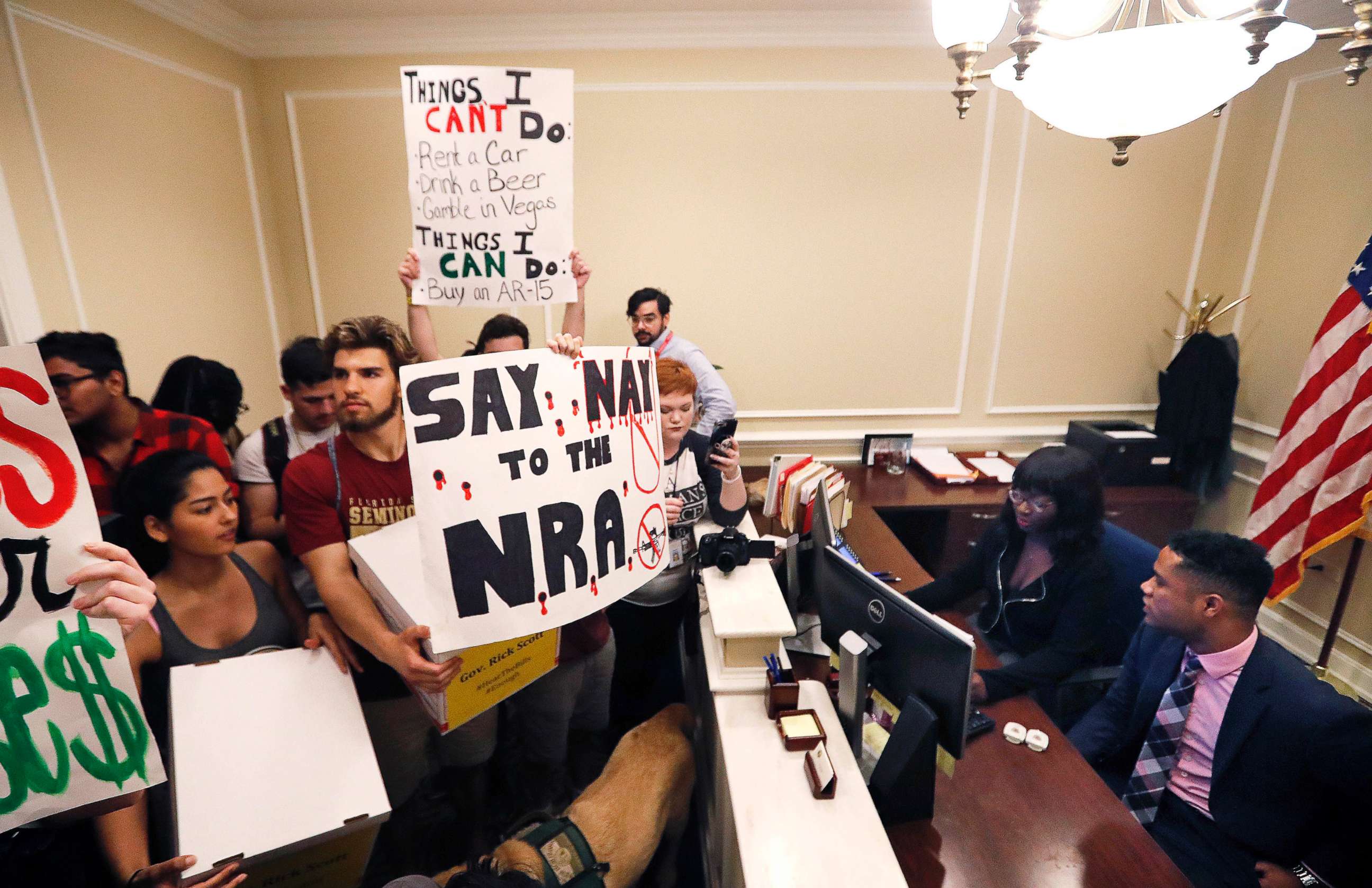 PHOTO: This Feb. 21, 2018 file photo shows students at the entrance to the office of Florida Gov. Rick Scott with boxes of petitions for gun control reform, at the state Capitol in Tallahassee, Fla.  