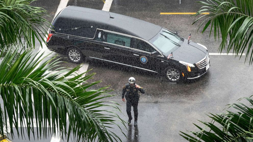 PHOTO: The funeral procession for slain FBI agent Laura Schwartzenberger arrives at the Hard Rock Stadium in Miami, Fla., Feb. 6, 2021.