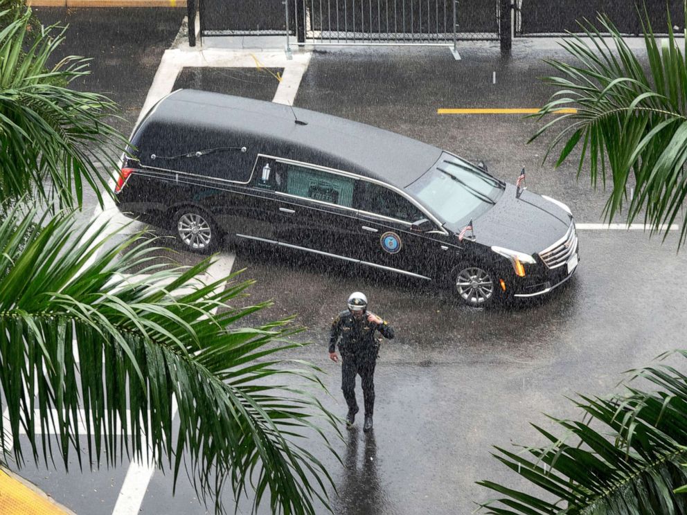 PHOTO: The funeral procession for slain FBI agent Laura Schwartzenberger arrives at the Hard Rock Stadium in Miami, Fla., Feb. 6, 2021.
