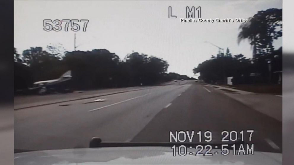 PHOTO: A Pinellas County Sheriff's deputy was able to capture a small airplane crash onto a Clearwater, Fla., road on his dashcam, Nov. 19, 2017.