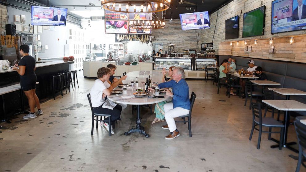 PHOTO: Patrons dine at Due Amici Pizza & Pasta Bar in the Ybor City neighborhood on June 26, 2020, in Tampa, Fla.
