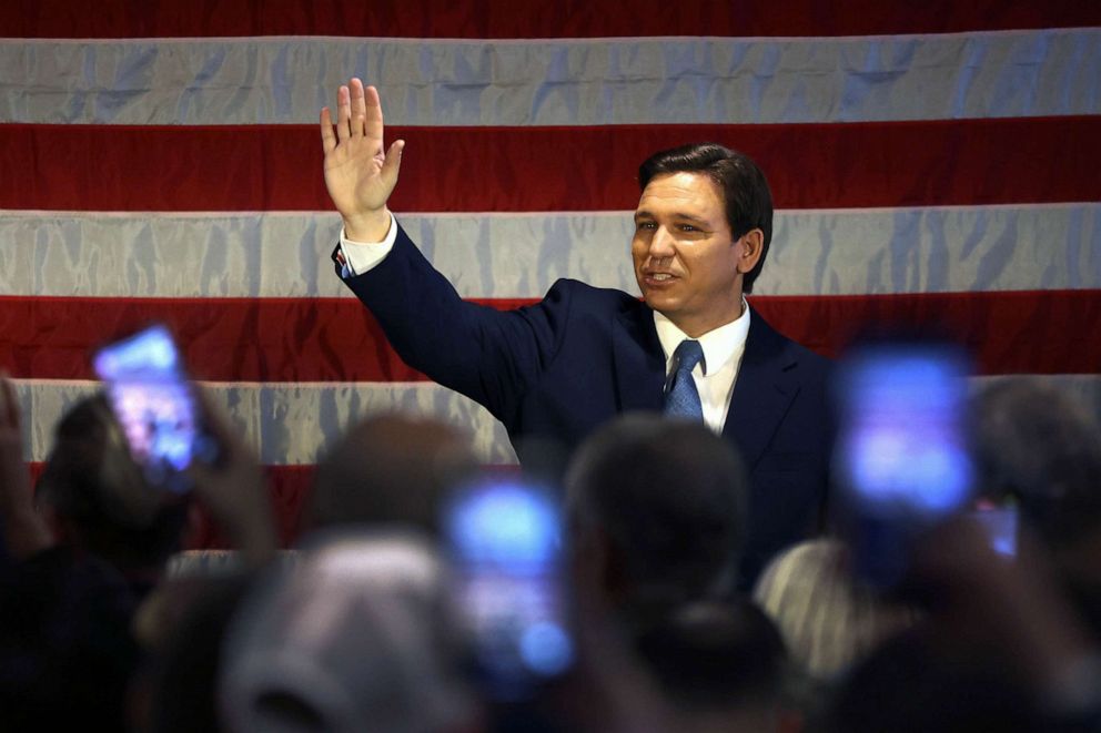 PHOTO: Florida Gov. Ron DeSantis waves as he speaks to police officers about protecting law and order at Prive catering hall, Feb. 20, 2023 in the Staten Island borough of New York City.