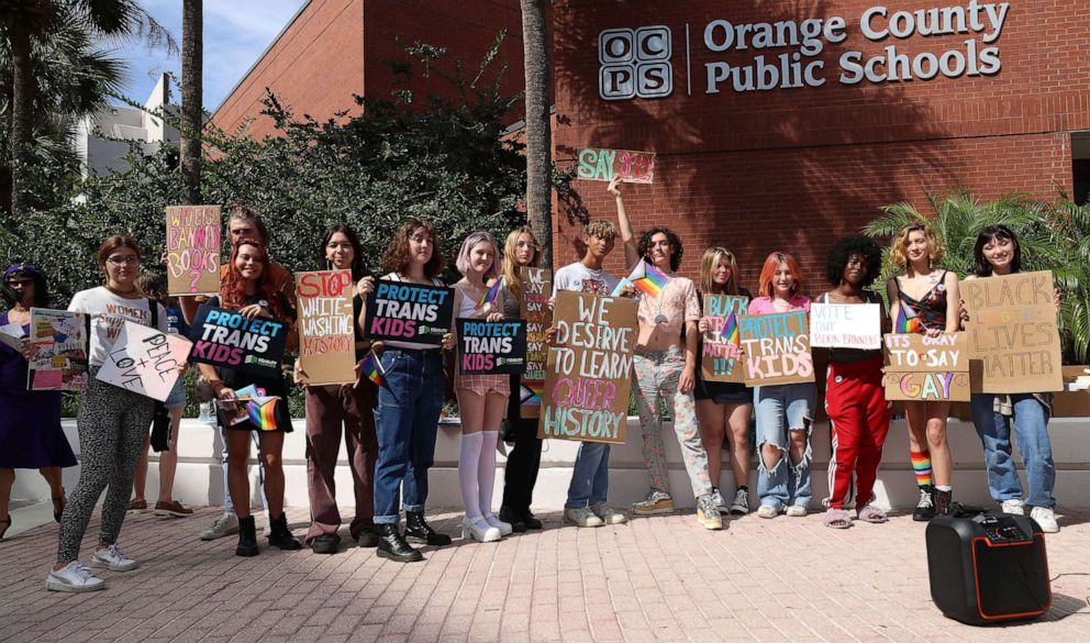 PHOTO: In this May 24, 2022, file photo, students hold a rally outside a Orange County School Board meeting in Orlando, Fla.