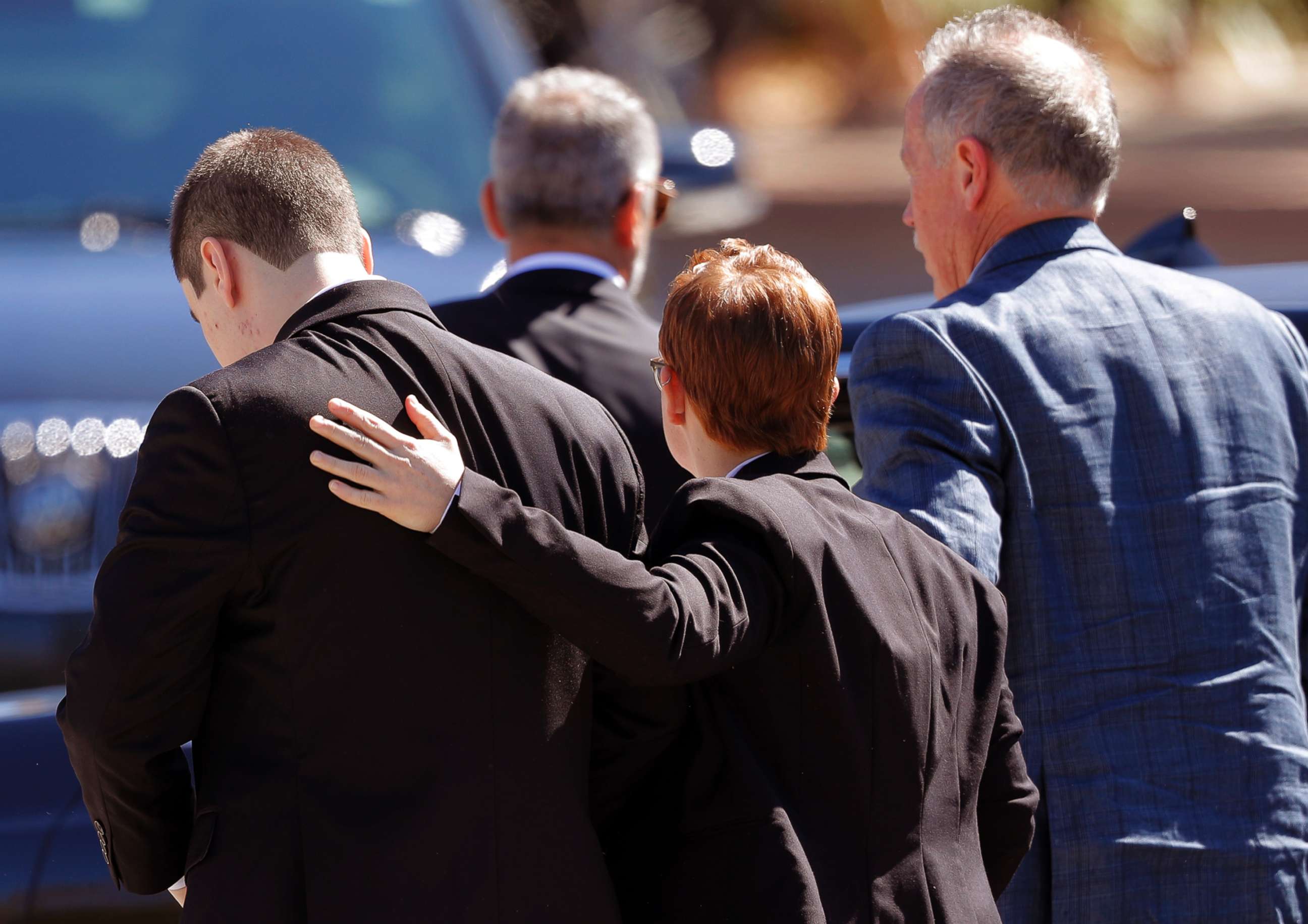 PHOTO: Family and friends console each other as they arrive for the funeral of Meadow Pollack, a victim of the Wednesday shooting at Marjory Stoneman Douglas High School, in Parkland, Fla., Feb. 16, 2018.