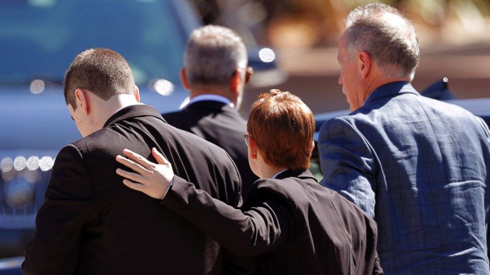 PHOTO: Family and friends console each other as they arrive for the funeral of Meadow Pollack, a victim of the Wednesday shooting at Marjory Stoneman Douglas High School, in Parkland, Fla., Feb. 16, 2018.
