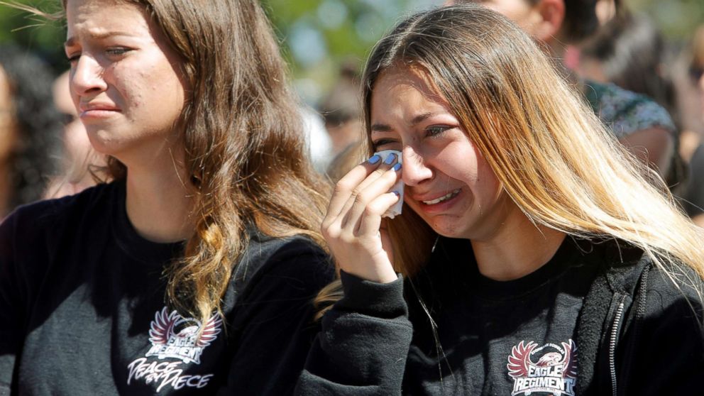 PHOTO: Students mourn during a community prayer vigil for victims of yesterday's shooting at nearby Marjory Stoneman Douglas High School in Parkland, at Parkridge Church in Pompano Beach, Fla., Feb. 15, 2018.