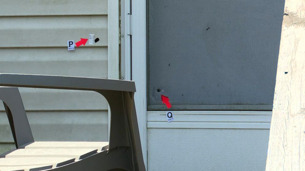 PHOTO: Bullet holes are shown marked in the side of a house after a shooting in Lake City, Fla., on Aug. 25, 2023.