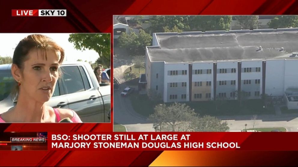 PHOTO: Mother of a student named, 'Crystal' told the reporter that her daughter texted her and told her to stay away after reports of a shooting at Stoneman Douglas High School in Parkland, Fla., Feb. 14, 2018.. 