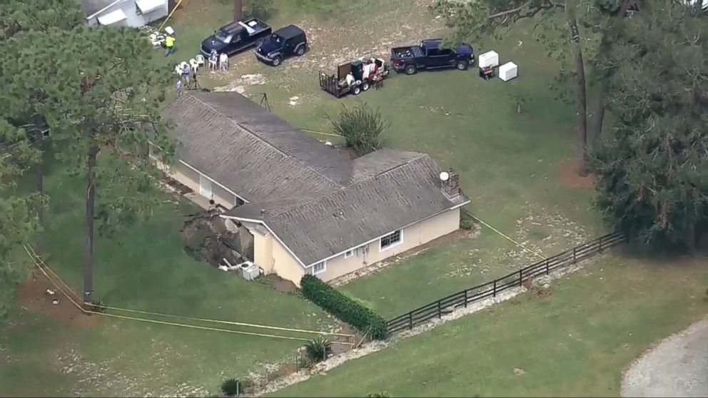 PHOTO: An image made from video shows an aerial view of a sinkhole that opened beneath a home in Apopka, Fla., Sept. 19, 2017.