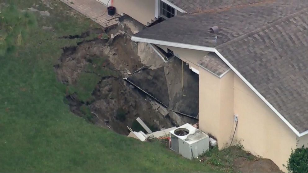 PHOTO: An image made from video shows an aerial view of a sinkhole that opened beneath a home in Apopka, Fla., Sept. 19, 2017.