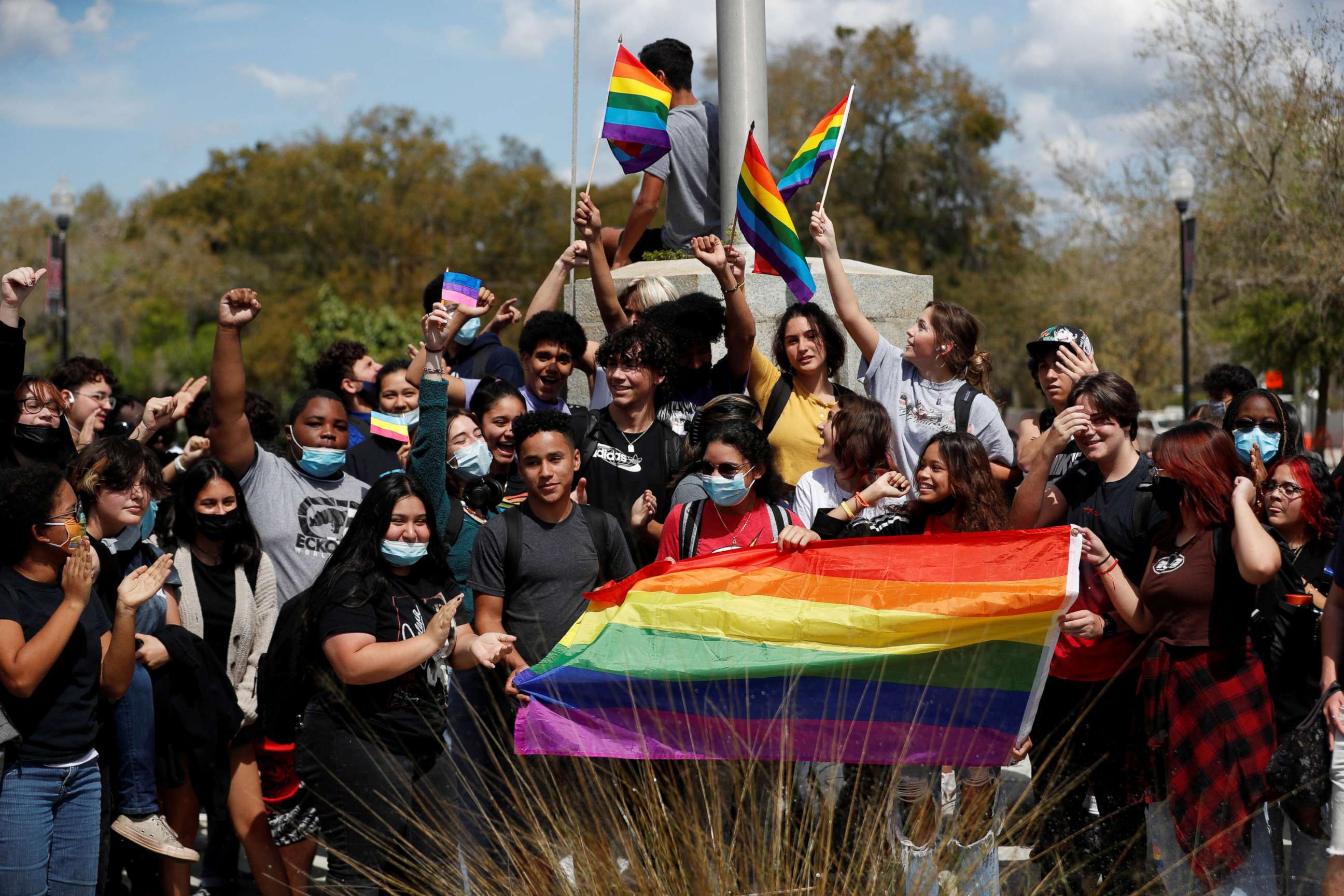 PHOTO: Hillsborough High School students protest a Republican-backed bill dubbed the "Don't Say Gay" that would prohibit classroom discussion of sexual orientation and gender identity in Tampa, Fla., March 3, 2022.