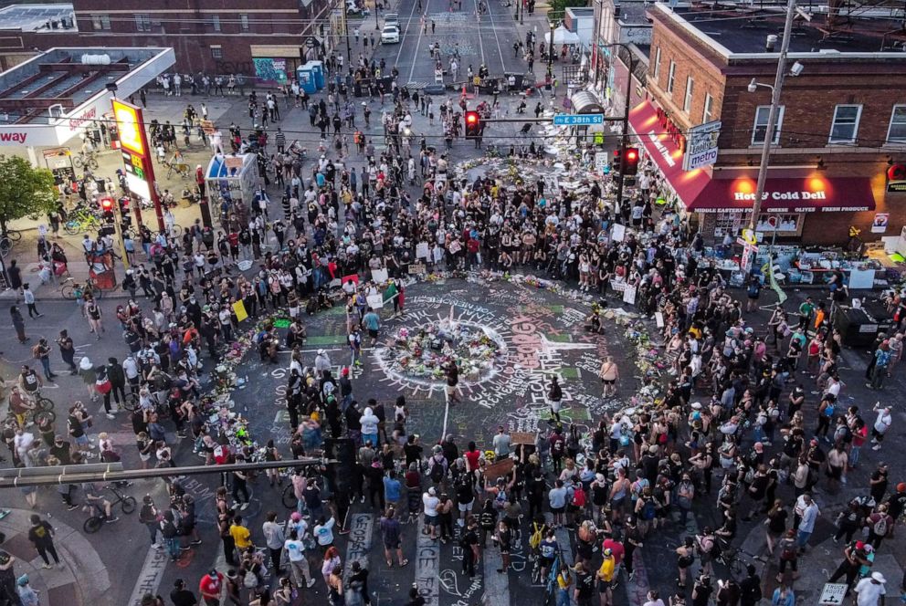 PHOTO: Ariel view of protestors gathered near the makeshift memorial in honour of George Floyd marking one week anniversary of his death, on June 1, 2020 in Minneapolis, Minnesota.