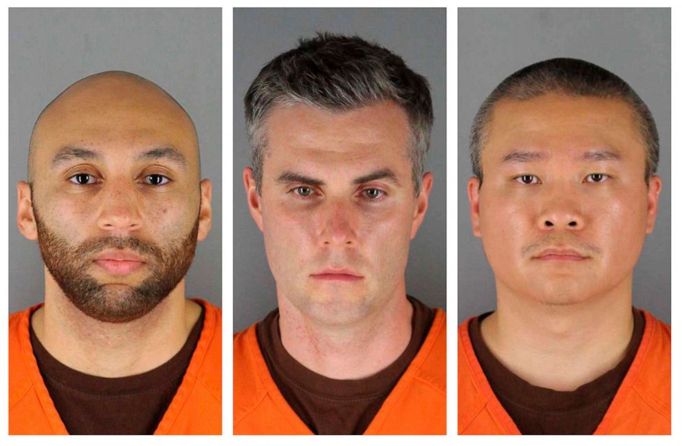 PHOTO: This combination of photos provided by the Hennepin County Sheriff's Office in Minnesota shows from left, former Minneapolis police Officers J. Alexander Kueng, Thomas Lane and Tou Thao.