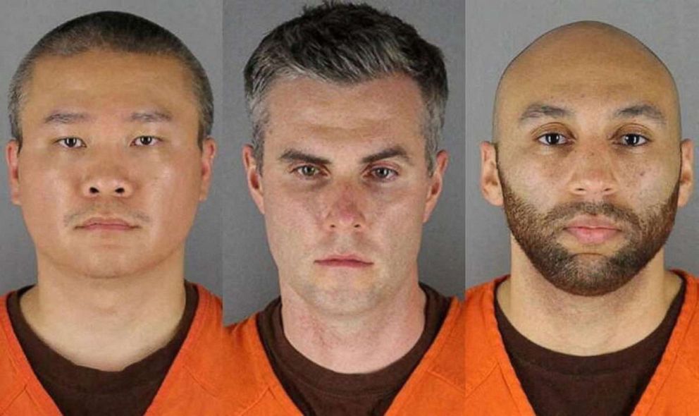 PHOTO: Former Minneapolis police officers Tou Thao, Thomas Lane and J. Alexander Kueng in a combination of booking photographs from the Minnesota Department of Corrections and Hennepin County Jail in Minneapolis, Minnesota.