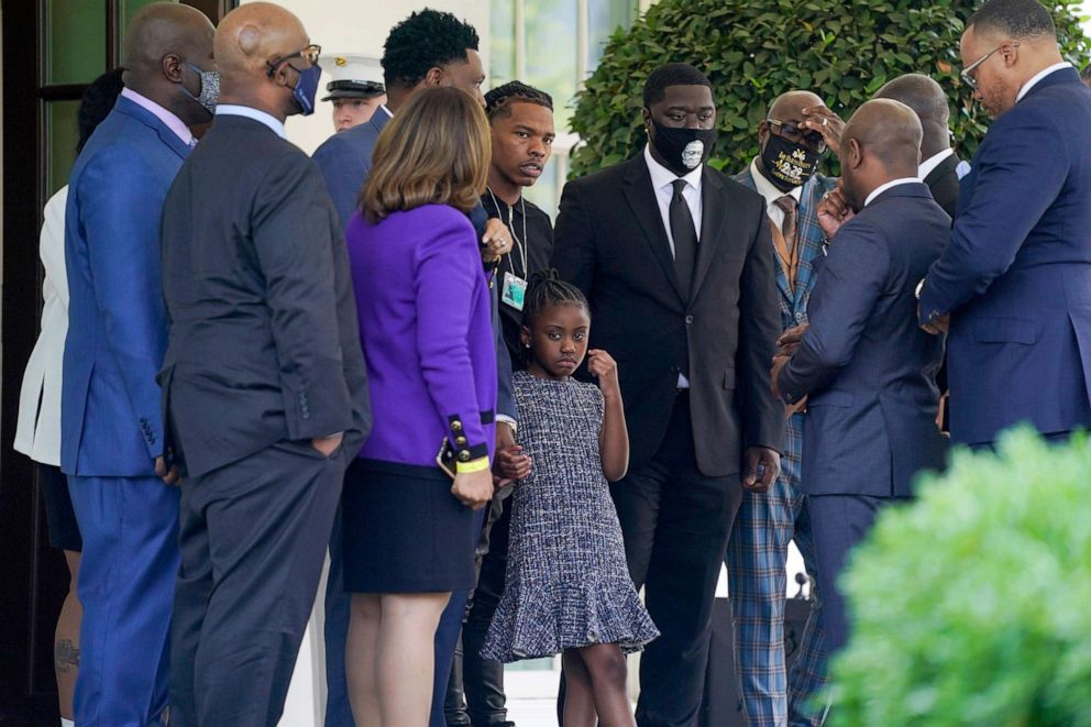 PHOTO: Members of the George Floyd family, including Floyd's daughter Gianna, center, talk outside the West Wing of the White House after meeting with President Joe Biden at the White House, May 25, 2021, in Washington, D.C.
