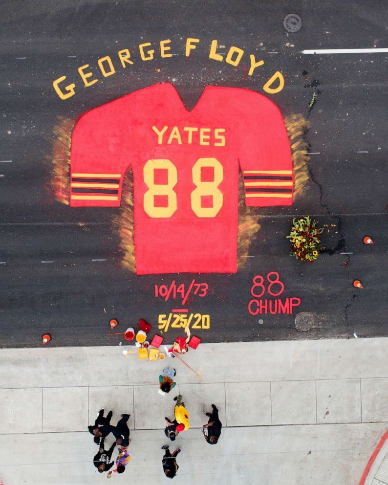 PHOTO: Part of the mural by Third Ward native Jonah Elijah in honor of Black History Month and George Floyd is placed in front of Jack Yates High School in Houston, Texas, Feb. 6, 2021.