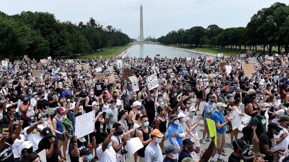 PHOTO: Demonstrators gather at the Lincoln Memorial during a peaceful protest against police brutality and racism, June 6, 2020, in Washington, DC.