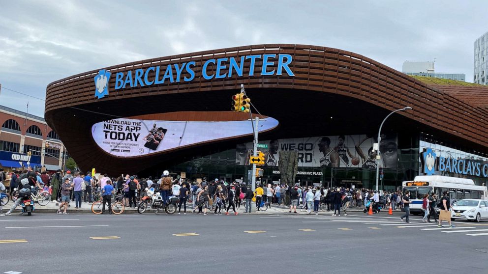 PHOTO: Protesters chanting "No justice, no peace" and "George Floyd" gather at the Barclays Center as they rally against the death in Minneapolis police custody of George Floyd, in Brooklyn, New York, June 2, 2020.