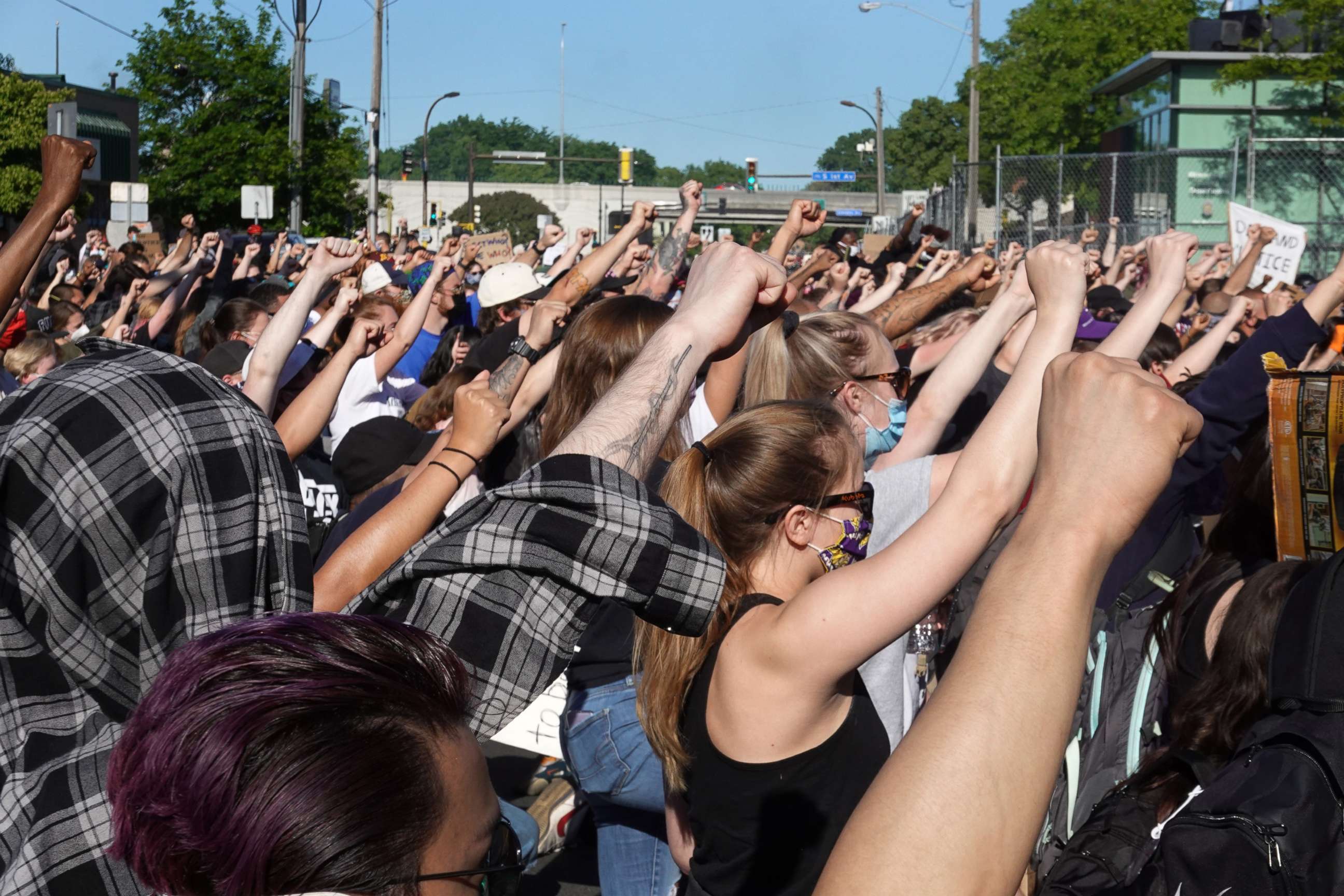 PHOTO: Demonstrators protest the killing of George Floyd near the city's 5th police precinct on May 30, 2020 in Minneapolis, Minnesota. 