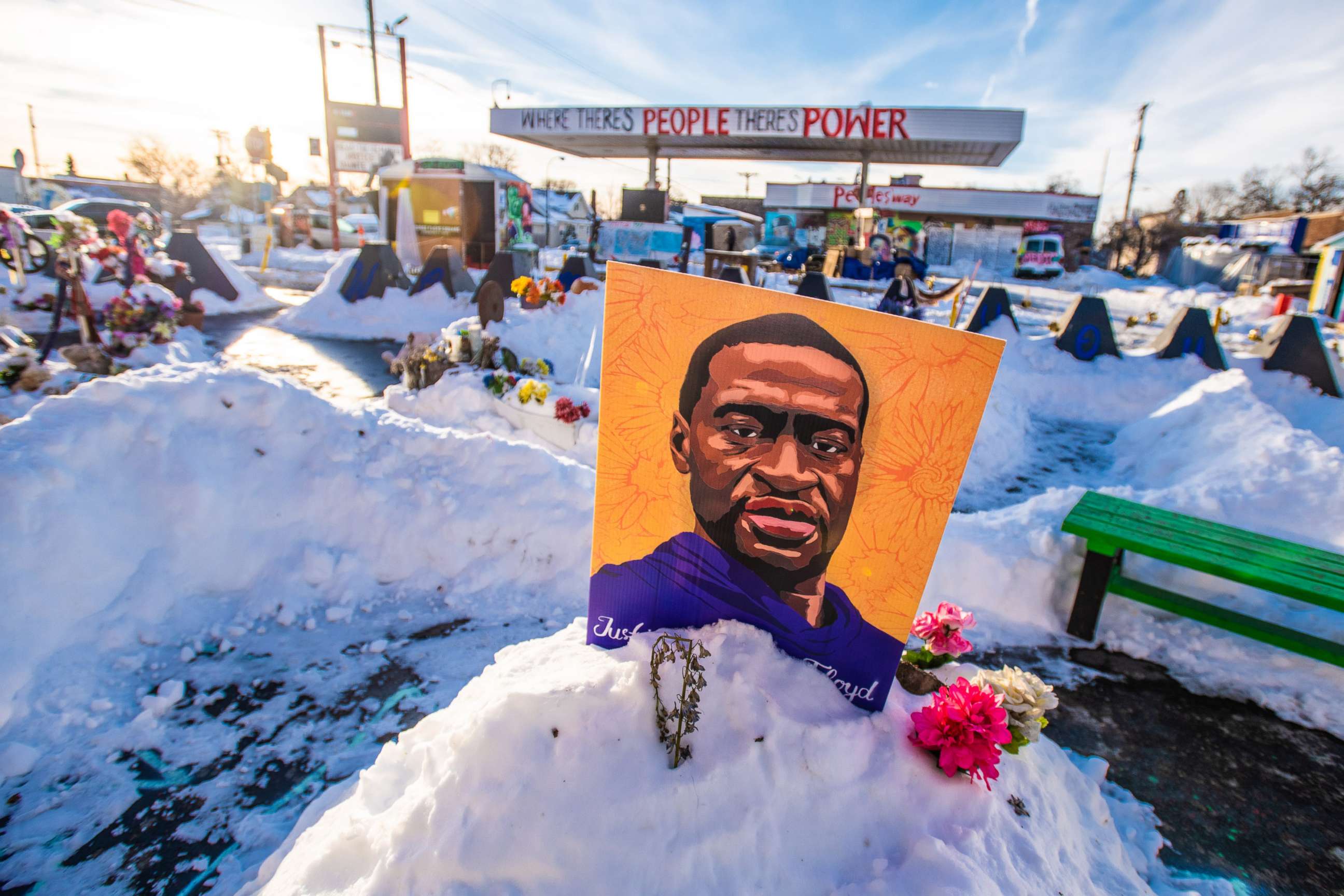 PHOTO: Snow covers George Floyd Square at the corner of 38th Street and Chicago Avenue in Minneapolis, Dec. 12, 2021.