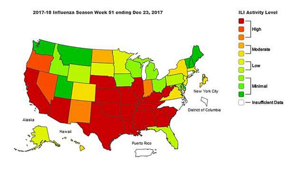 PHOTO: A map indicating recent findings of the CDC's report on the flu.