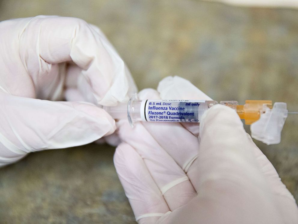 PHOTO: A flu shot, manufactured by Sanofi Pasteur, is displayed for a photograph at Perry Memorial Hospital in Princeton, Ill., Oct. 12, 2017.